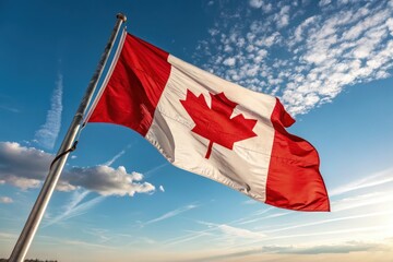 Canadian Flag Waving Under a Bright Blue Sky Generative AI