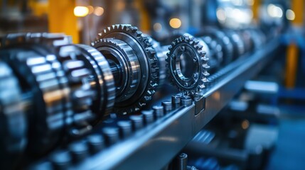 Fototapeta premium Close-up of industrial machinery, including gears, belts, and pistons working in sync in an engineering factory