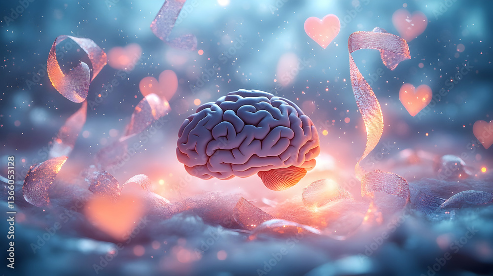 Canvas Prints a pastel background showing glowing floating ribbons, soft hearts and minimal brain outlines symboli