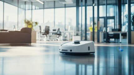 An AI powered autonomous cleaning robot efficiently cleaning large office spaces with minimal supervision and maximum effectiveness, Home technology style, photo of