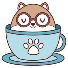 Cartoon Hamster Inside Blue Paw Print Cup with Eyeglasses, Transparent Background