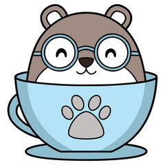 Cartoon Brown Bear with Glasses Inside Blue Paw Print Teacup on Transparent