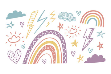 Whimsical Crayon Doodle Set. Hand-Drawn Abstract Shapes Featuring Hearts, Rainbows, Stars, Clouds, Lightning, and Playful Geometric Elements with Childlike Artistic Charm Vector Illustration