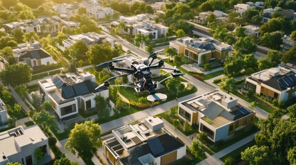 Fototapeta premium An AI powered autonomous construction drone building a sustainable house in a smart neighborhood, futuristic residential area with real-time construction data, Construction technology style
