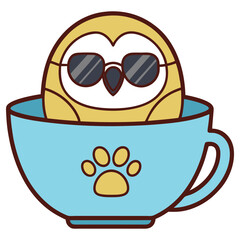Owl with Sunglasses in a Blue Cup with Paw Print, Cartoon Design, Isolated