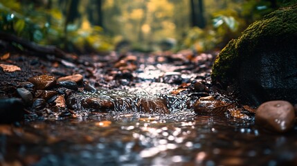 Fototapeta premium Trickling stream flowing through lush forest nature photography autumnal serenity ground level perspective capturing tranquility