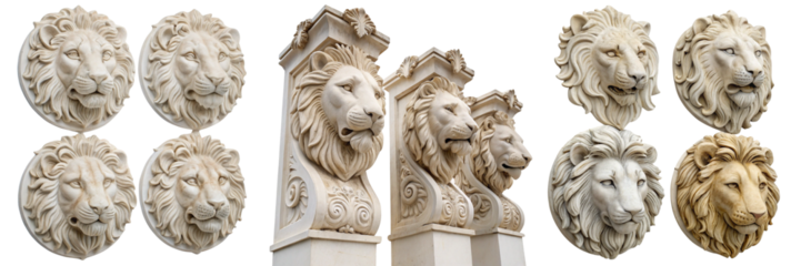 Set of The image features four ornate lion head sculptures pattern print isolated on a transparent background 