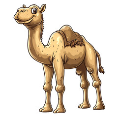 A cartoon camel with a goofy smile and a fringe on its back.