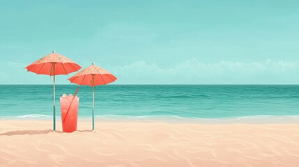 A serene beach scene featuring two orange umbrellas and a refreshing drink, set against a tranquil turquoise ocean and sandy shore.
