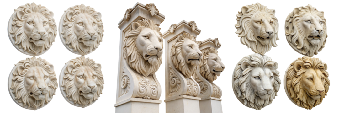 Set of The image features four ornate lion head sculptures pattern print isolated on a transparent background 