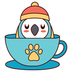 Cute Bird Character Wearing Hat in Paw Print Cup on White