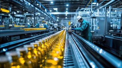 A factory floor dedicated to food production, with automated machines packaging bottled drinks and workers managing the assembly line