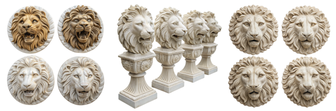 Set of The image features four ornate lion head sculptures pattern print isolated on a transparent background