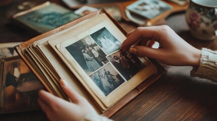 A person is looking at a photo album on a table