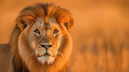 Fototapeta premium A majestic lion gazes intently, its vibrant mane illuminated by warm golden light, embodying the essence of strength and beauty in the wild.