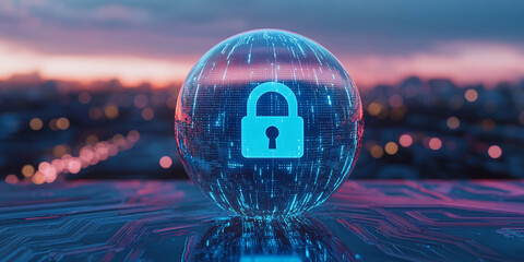 Cybersecurity concept image featuring a glowing sphere with a padlock icon, set against a blurred city lights background, symbolizing digital security and data protection
