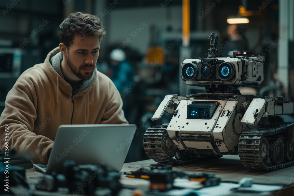 Poster Technician works with a robotic combat tank in a workshop