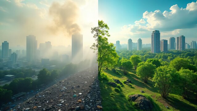 A city's hopeful transformation from smog-choked streets and waste to a vibrant, green urban oasis, showcasing a dramatic contrast of landscapes.
