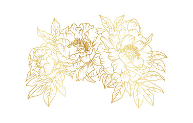 Golden peony flowers line art isolated on white background. Luxury peony floral design elements for invitation, wedding, wallpaper, print template, vector illustration
