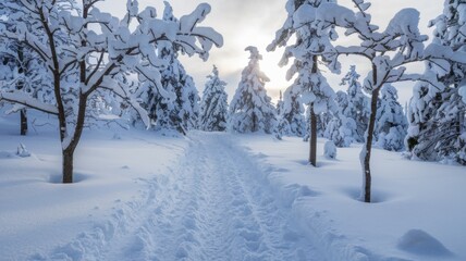 Fototapeta premium Winter landscape with snow-covered trees towering among the freshly fallen snow. The snow-covered branches create a beautiful picture, and the sun breaking through the clouds.