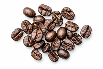 Isolated pile of roasted, brown coffee beans on white background