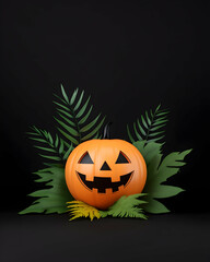 Jack-o'-lantern with tropical leaves on black background