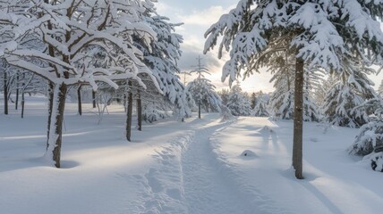 Winter landscape with snow-covered trees towering among the freshly fallen snow. The snow-covered branches create a beautiful picture, and the sun breaking through the clouds.