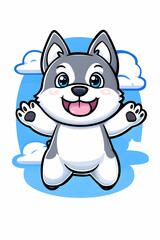 Joyful cartoon husky puppy floats amidst fluffy clouds