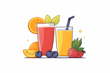Juices illustration with strawberry, blueberries, orange