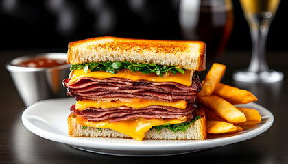 Juicy, layered roast beef and cheese sandwich served with crispy fries and dipping sauce