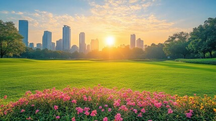 Sunrise Serenity: Lush Green Park with Cityscape and Floral Beauty (Landscape View)