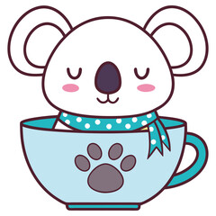 Charming Cartoon Koala Bear with Scarf Sitting Inside a Cup with Paw Print
