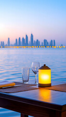 Lakeside restaurant table setting at sunset