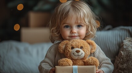 A joyful toddler holding a teddy bear and a gift box, surrounded by festive decorations and warm lights, capturing the essence of childhood delight.
