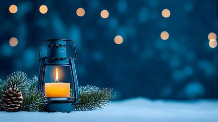 Lantern with candlelight in snowy winter scene