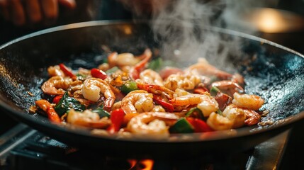 A skilled chef preparing a whirling seafood stir-fry in a wok, where invitingly sizzle shrimp, crab, and vegetables, creating dynamic energy in the kitchen.