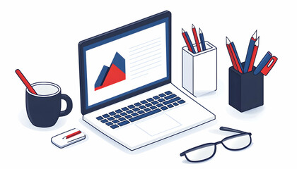 Laptop displaying graph, pencils, glasses, mug & stationery on desk