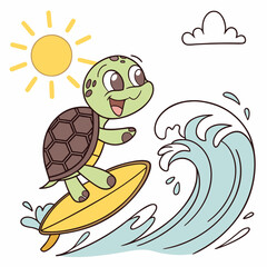 Adorable Cartoon Turtle Surfing Ocean Wave, Summer Fun Illustration