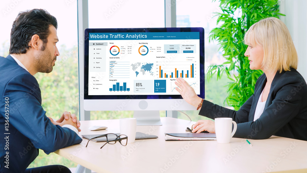 Poster computer software for website traffic analytics data on computer screen. concept of seo search engin