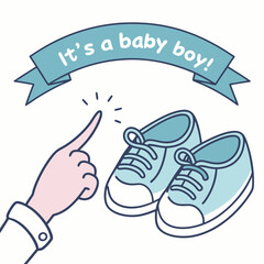 It's a Baby Boy! Announcement with Cute Baby Shoes and Pointing Hand