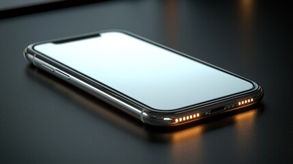 Modern smartphone on dark desk, illuminated charging port, blurred background, tech website mockup