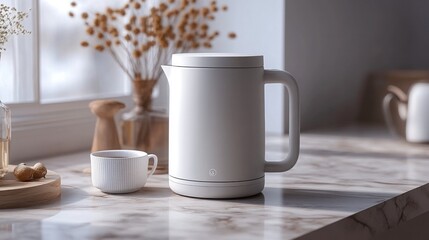 A modern, sleek white kettle with a soft matte finish, blending elegance with functionality, placed on a marble countertop with neutral tones.