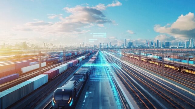 An AI powered autonomous freight train transporting goods through a futuristic landscape, vast railway network with real-time logistics data, Transportation technology style