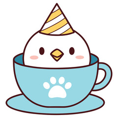 Cute Cartoon White Chick in Blue Tea Cup Wearing Party Hat, Transparent Background