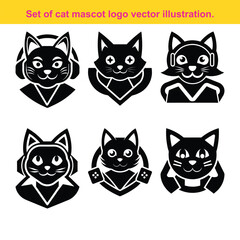 Set of stylized black cat mascot logo vectors with headset, tuxedo and headphones.