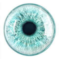Close-up view of an intricate light aqua iris against a white background with a distinct black pupil in high resolution Generative AI