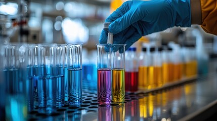 Close-up of a chemical engineer mixing substances in a laboratory, with chemicals, test tubes, and safety equipment in a research setting