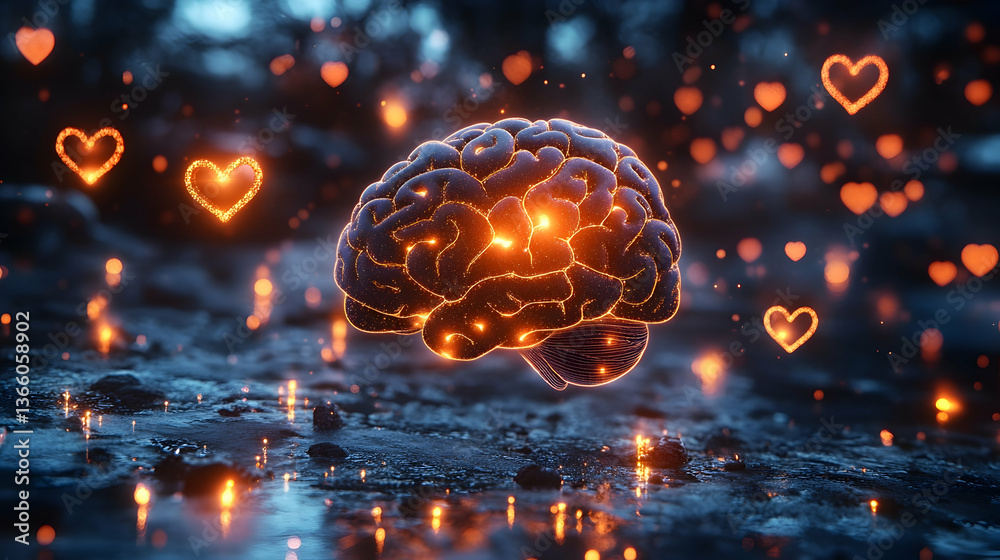 Sticker a soft background featuring glowing abstract brain symbols, minimal ribbons and floating hearts repr
