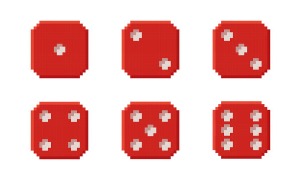 Set of pixel art red dice roll showing numbers 1 to 6. Playing cube sides for board casino game. Retro, 8-bit style isometric pixel graphics. Perfect for games, UI design, and digital projects.