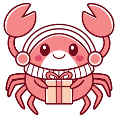 Happy Crab Cartoon Character Holding Gift Box Cute Marine Animal